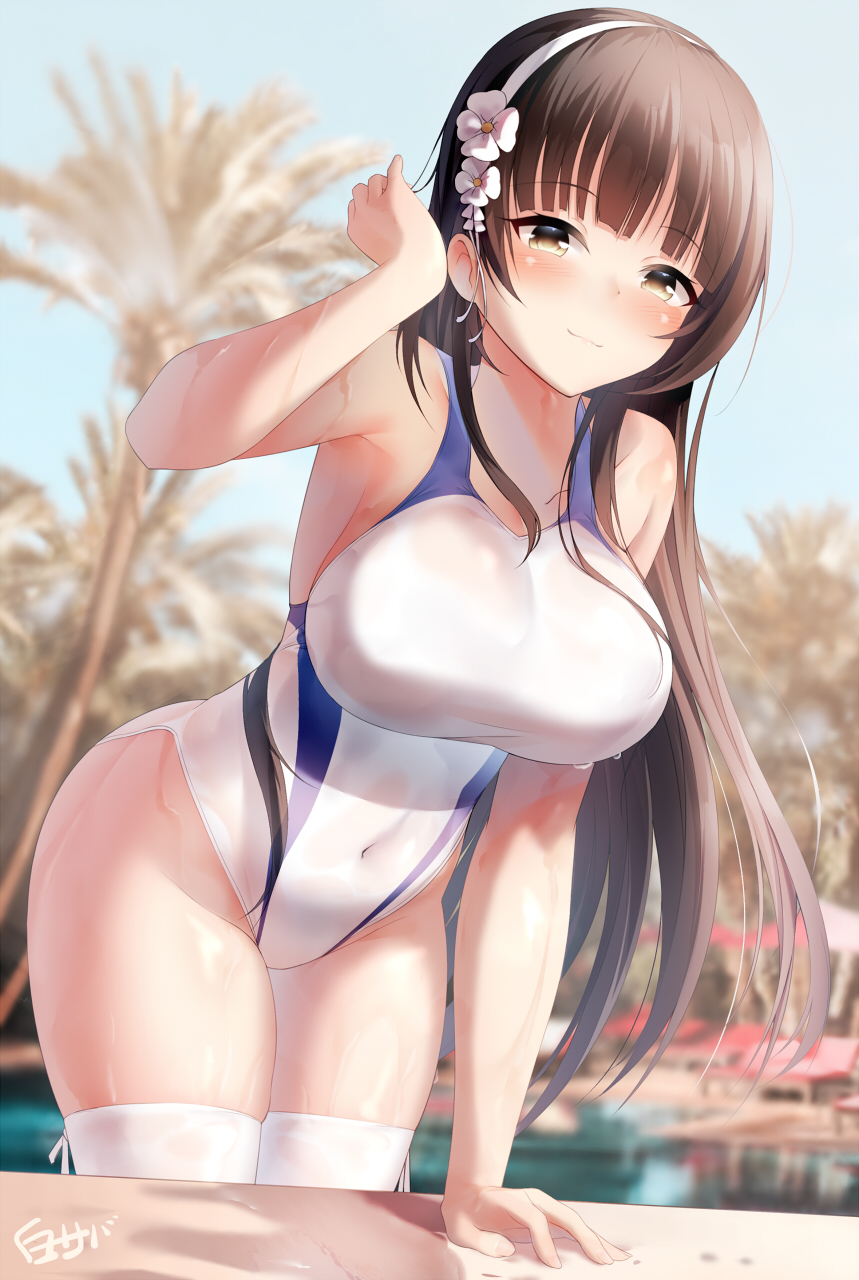 1girl adjusting_hair arm_support artist_name blue_swimsuit blush breasts brown_eyes brown_hair closed_mouth collarbone competition_swimsuit covered_navel flower girls_frontline hair_flower hair_ornament highres large_breasts looking_at_viewer one-piece_swimsuit outdoors poolside qbz-95_(girls_frontline) shirosaba sidelocks solo swimsuit thigh-highs tree two-tone_swimsuit white_swimsuit