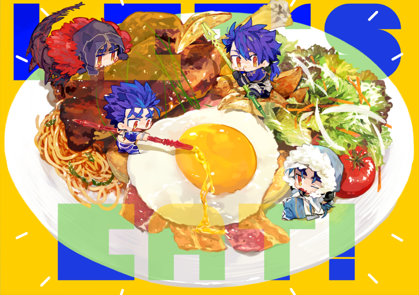 bacon blue_hair chibi cu_chulainn_(fate)_(all) cu_chulainn_(fate/grand_order) cu_chulainn_(fate/prototype) cu_chulainn_alter_(fate/grand_order) eating fate/grand_order fate_(series) food fried_chicken gae_bolg hood lancer lettuce multiple_persona pasta poking polearm ponytail red_eyes salad spaghetti spear sunny_side_up_egg tail tatsuta_age tomato weapon