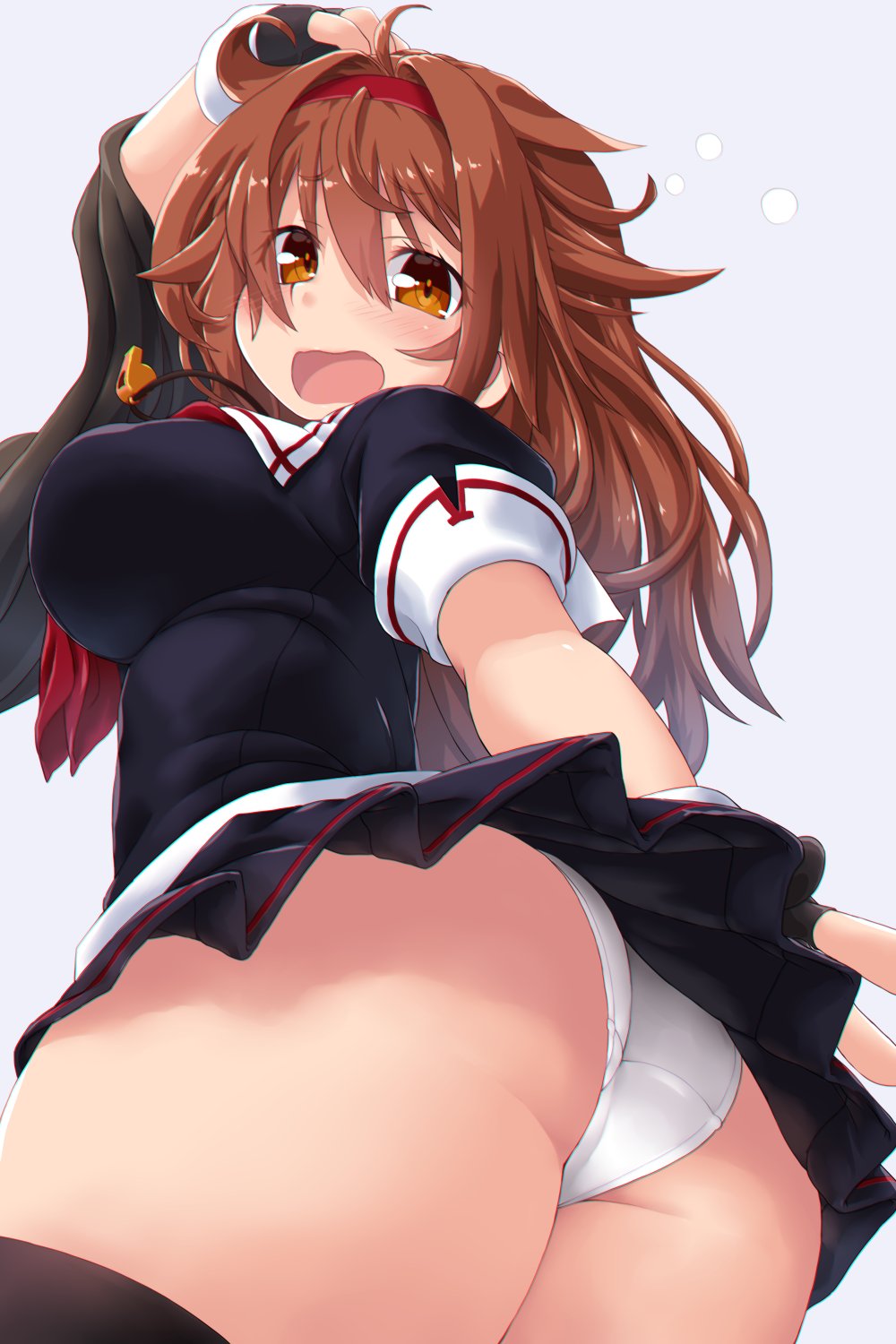 1girl asymmetrical_sleeves black_gloves black_legwear breasts brown_eyes brown_hair dd_(ijigendd) fingerless_gloves gloves hair_flaps hairband highres kantai_collection large_breasts long_hair looking_back panties pantyshot school_uniform serafuku shiratsuyu_(kantai_collection) simple_background solo thigh-highs underwear whistle white_panties