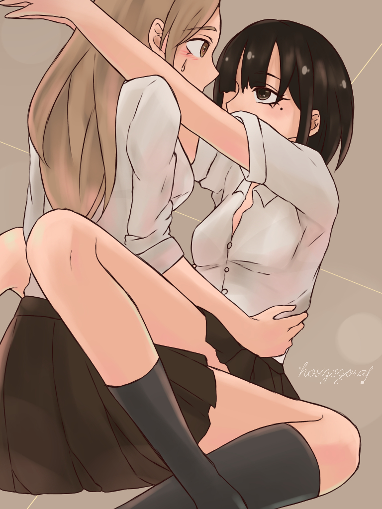 2girls arms_around_neck artist_name black_hair black_legwear blonde_hair brown_eyes brown_skirt collared_shirt commentary_request dress_shirt eye_contact hand_on_another's_hip hoshizora_no_shita light_blush long_hair looking_at_another mole mole_under_eye multiple_girls original partially_unbuttoned pleated_skirt school_uniform shirt short_hair signature sitting sitting_on_lap sitting_on_person skirt sleeves_rolled_up socks straddling sweatdrop wariza white_shirt yuri