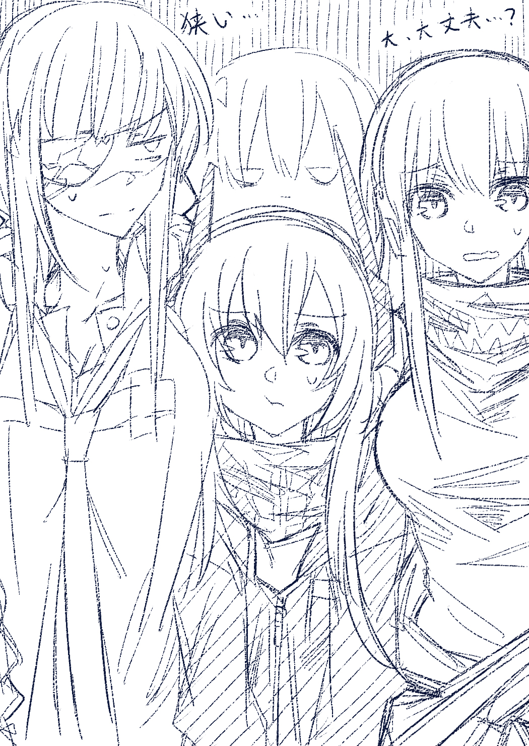 4girls :t :| anti-rain_(girls'_frontline) breasts chinese_commentary closed_mouth clothes_around_waist commentary_request eyepatch girls_frontline greyscale hair_between_eyes headgear highres jacket jacket_around_waist jitome large_breasts looking_at_viewer looking_to_the_side m16a1_(girls'_frontline) m4_sopmod_ii_(girls'_frontline) m4a1_(girls'_frontline) mask monochrome multiple_girls necktie open_mouth shirt skull_mask st_ar-15_(girls'_frontline) su_xiao_jei sweatdrop translation_request