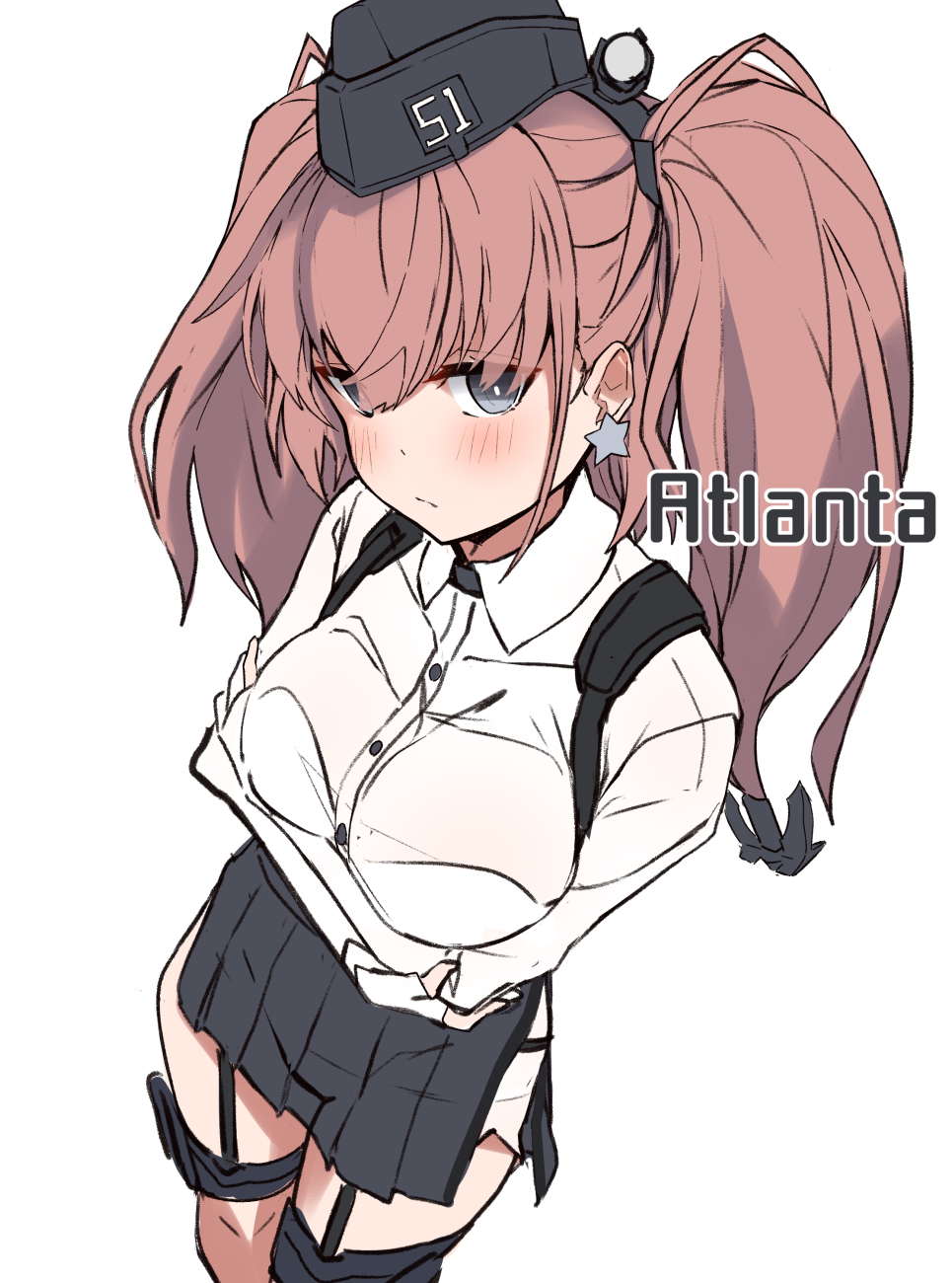 1girl anchor_hair_ornament atlanta_(kantai_collection) black_headwear black_skirt bra_through_clothes breasts brown_hair character_name cowboy_shot crossed_arms dress_shirt earrings garrison_cap garter_straps grey_eyes hair_ornament hat high-waist_skirt highres jewelry kantai_collection large_breasts long_hair long_sleeves shirt skirt solo star star_earrings suspender_skirt suspenders takanashi_kei_(hitsujikan) thigh_strap two_side_up white_shirt