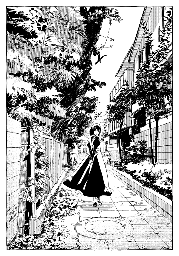 1girl apron arms_behind_back black_dress black_footwear black_hair dress from_behind greyscale leaf looking_at_viewer looking_back maeya_susumu maid_headdress medium_hair monochrome original outdoors smile solo tree walking