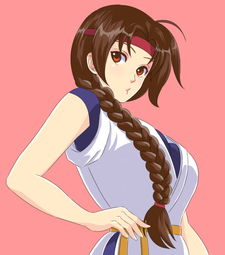 1girl braid breasts brown_eyes brown_hair commentary_request dougi haruno_(haruno-kgr) headband large_breasts long_hair looking_at_viewer ryuuko_no_ken simple_background single_braid solo the_king_of_fighters very_long_hair yuri_sakazaki