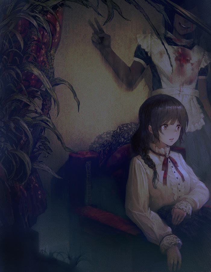 black_hair blood blood_on_face bloody_clothes braid brown_eyes brown_hair couch curtains dark frills hisahisahisahisa horror_(theme) indoors long_hair maid original parted_lips plant red_curtains red_ribbon ribbon sitting smile teeth upper_teeth v