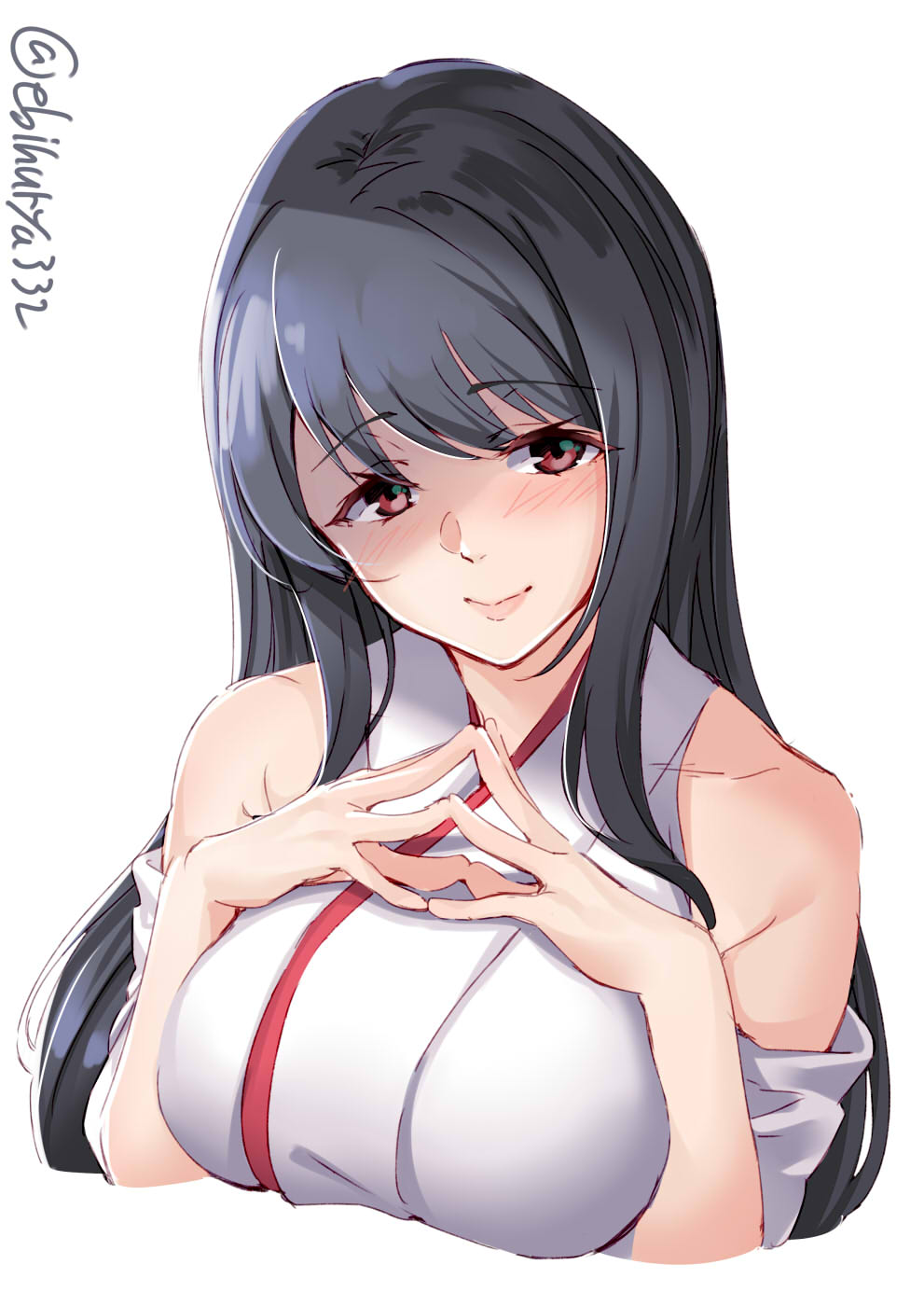 1girl bare_shoulders black_hair blush breasts detached_sleeves ebifurya eyebrows_visible_through_hair fusou_(kantai_collection) hair_between_eyes hair_ornament highres japanese_clothes kantai_collection large_breasts long_hair nontraditional_miko red_eyes simple_background smile twitter_username white_background