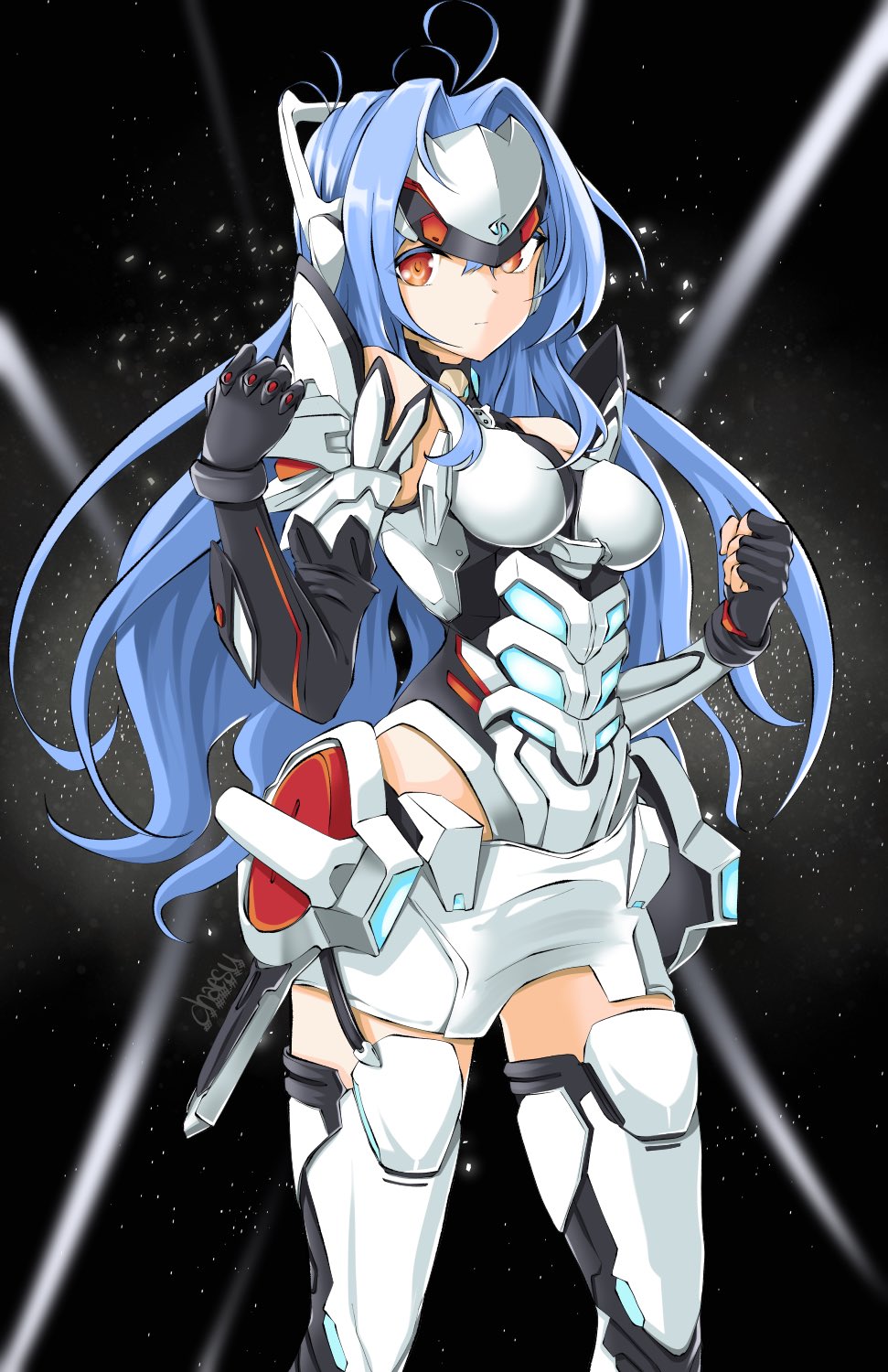 1girl android bare_shoulders blue_hair breasts chaesu elbow_gloves expressionless forehead_protector gloves highres kos-mos kos-mos_re: leotard long_hair medium_breasts miniskirt red_eyes skirt solo space thigh-highs very_long_hair white_leotard xenoblade_(series) xenoblade_2 xenosaga