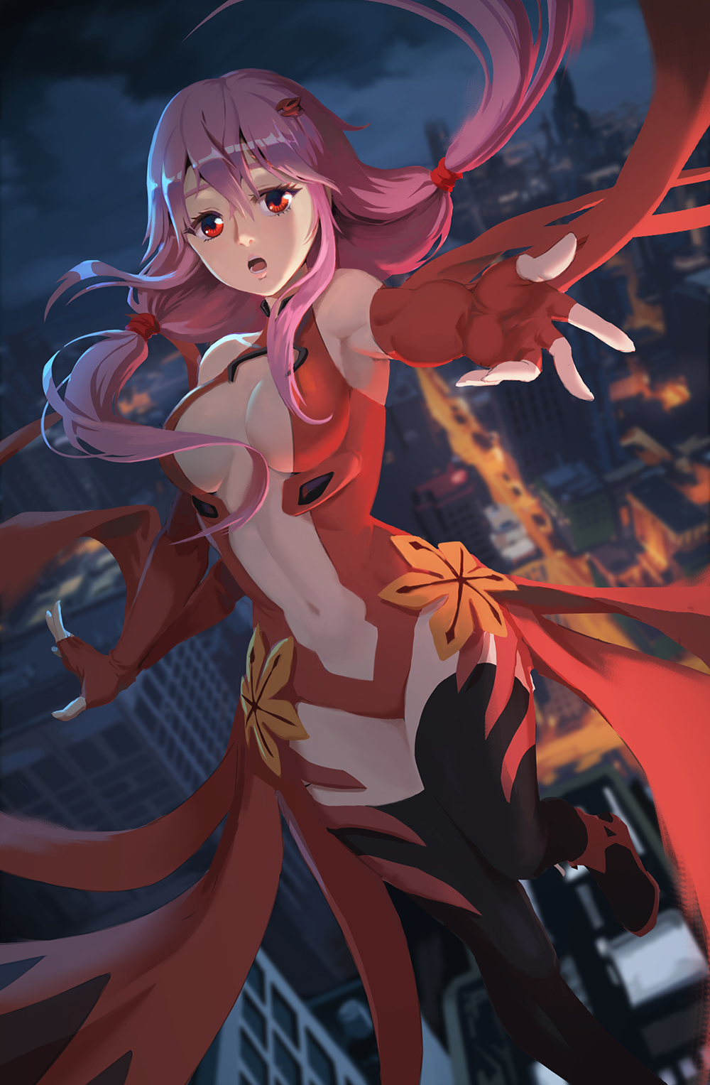 1girl bare_shoulders breasts center_opening detached_sleeves fingerless_gloves foreshortening gloves guilty_crown hair_ornament hairclip highres long_hair looking_at_viewer medium_breasts open_mouth outstretched_arm outstretched_hand pink_hair reaching reaching_out red_eyes solo tienao twintails very_long_hair yuzuriha_inori