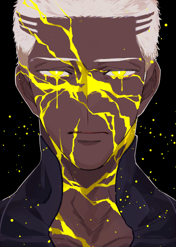 1boy buzz_cut close-up dark_skin dark_skinned_male emiya_alter expressionless face facepaint fate/grand_order fate_(series) kintsugi male_focus paint solo tatsuta_age white_hair yellow_eyes