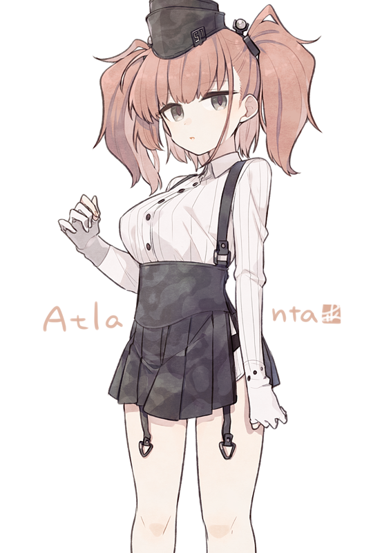 1girl ark_kan atlanta_(kantai_collection) bangs black_eyes breasts brown_hair camouflage character_name garrison_cap garter_straps gloves hat headgear high-waist_skirt kantai_collection large_breasts long_hair long_sleeves open_mouth partly_fingerless_gloves signature simple_background skirt solo twintails white_background