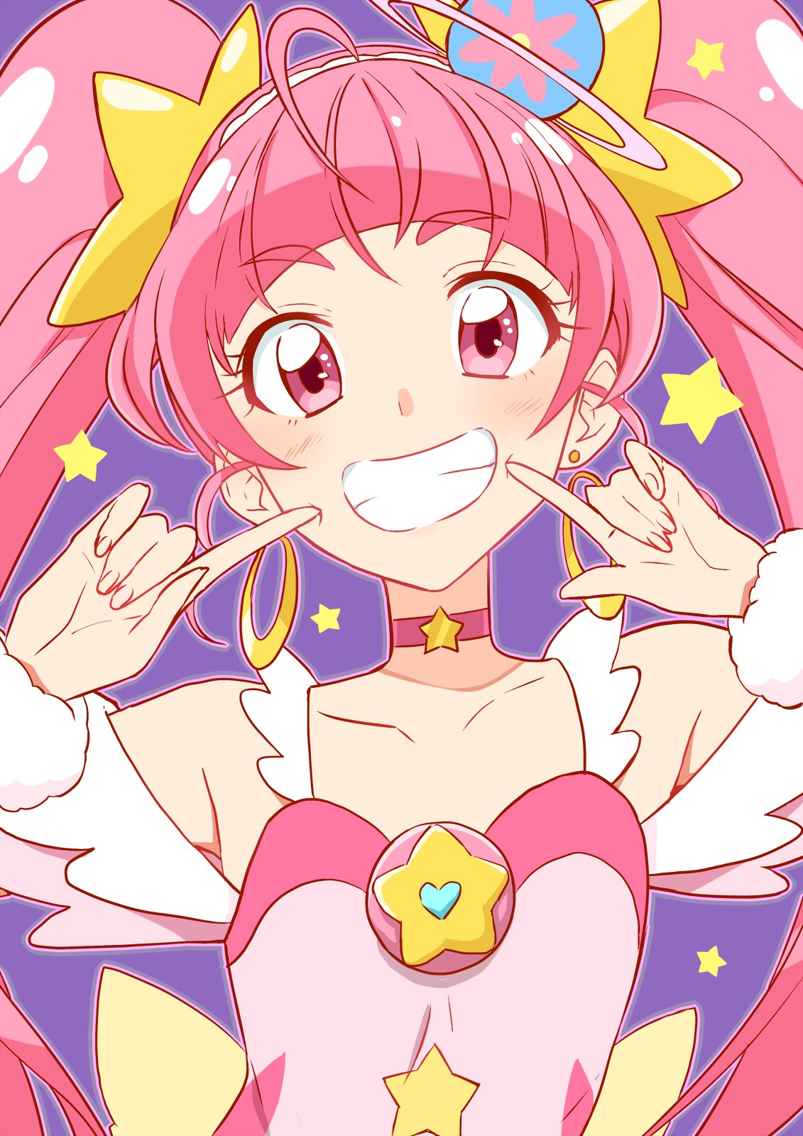 1girl ahoge bangs blunt_bangs bow cheek_poking choker collarbone cure_star dress earrings eyebrows_visible_through_hair fingernails flat_chest grin hair_ornament highres hoshina_hikaru jewelry long_hair looking_at_viewer magical_girl pink_dress pink_eyes pink_hair pink_neckwear pink_theme planet_hair_ornament poking poking_self precure purple_background shiny shiny_hair simple_background sleeveless sleeveless_dress smile solo star star_choker star_hair_ornament star_twinkle_precure tagme twintails upper_body waist_bow wrist_cuffs yellow_bow yuto_(dialique)