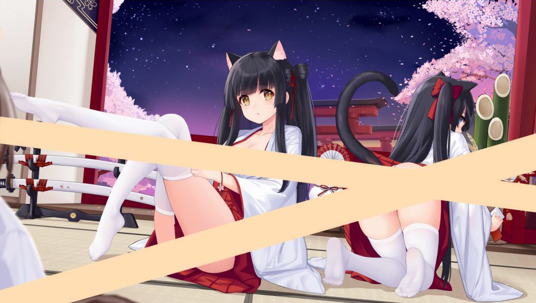 2girls :o all_fours allenes azur_lane bamboo black_hair blue_eyes blush bow brown_eyes censored cherry_blossoms commentary_request flower hair_bow hatsuharu_(azur_lane) japanese_clothes kadomatsu katana kimono knees_up long_hair long_sleeves looking_at_viewer looking_back multiple_girls night night_sky no_shoes one_side_up parted_lips pink_flower pleated_skirt red_bow red_skirt sheath sheathed sitting skindentation skirt sky soles star_(sky) starry_sky sword thigh-highs tree very_long_hair weapon white_kimono white_legwear wide_sleeves yuugure_(azur_lane)