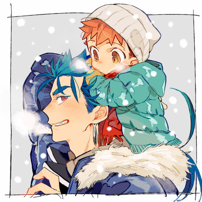 2boys beanie blue_hair blue_jacket breath carrying child cu_chulainn_(fate)_(all) emiya_shirou fate/stay_night fate_(series) fur_trim hat jacket lancer looking_at_another looking_back male_focus multiple_boys orange_hair red_eyes shoulder_carry smile tatsuta_age time_paradox winter yellow_eyes younger