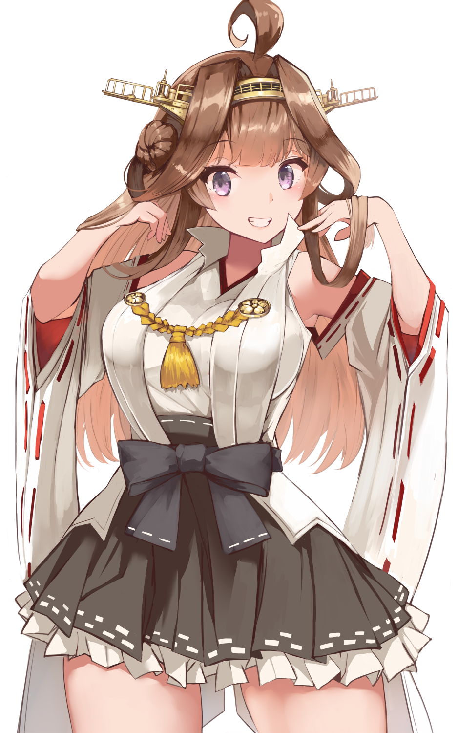 1girl ahoge aiguillette bangs bare_shoulders blush bow breasts brown_hair cowboy_shot detached_sleeves double_bun eyebrows_visible_through_hair hairband hands_in_hair highres japanese_clothes kantai_collection kongou_(kantai_collection) large_breasts long_hair looking_at_viewer nontraditional_miko remodel_(kantai_collection) sakuramon sidelocks simple_background skirt smile solo violet_eyes white_background yuzuruka_(bougainvillea)