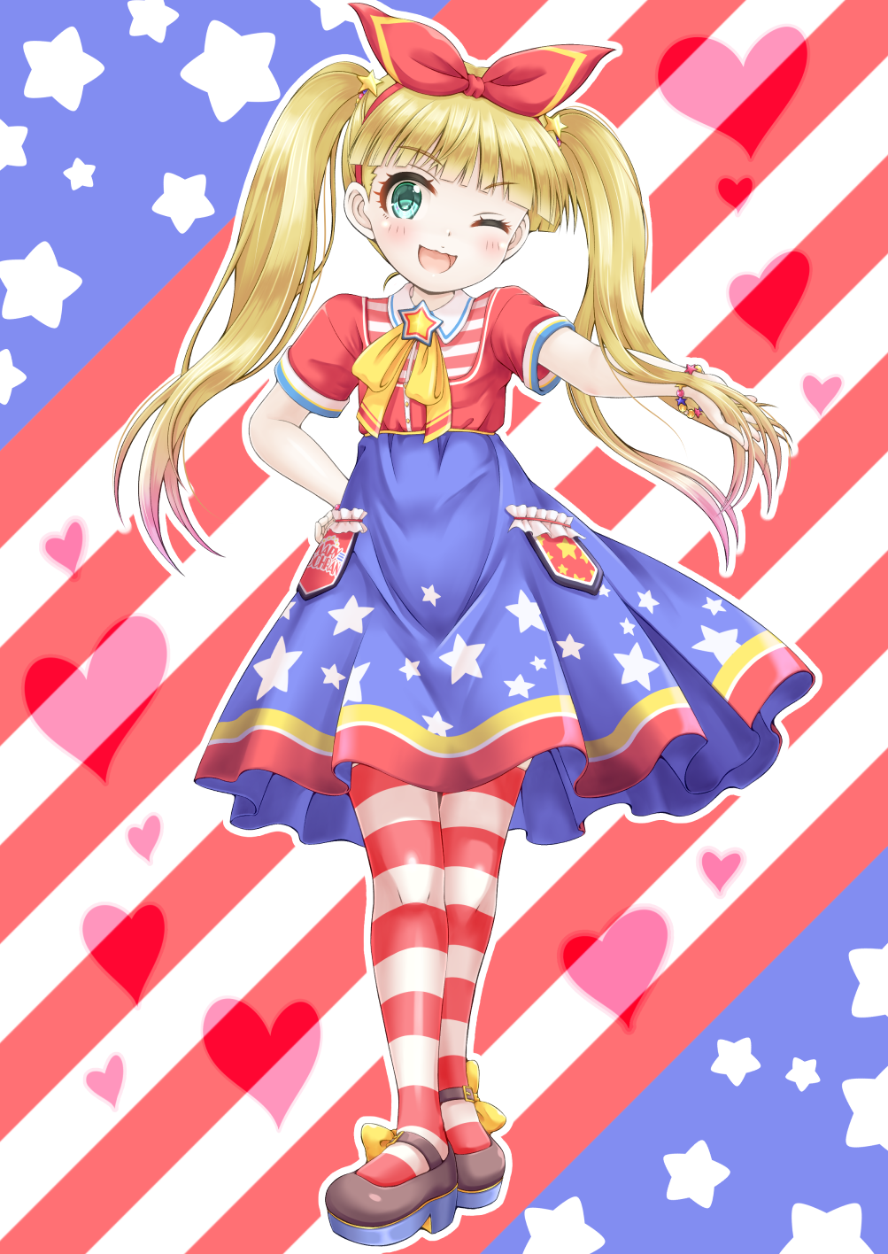 1girl ;d american_flag american_flag_print bangs blonde_hair blue_sky blunt_bangs blush bow bracelet brown_footwear collared_shirt commentary_request eyebrows_visible_through_hair flag_print full_body green_eyes hair_ornament hair_ribbon hand_on_hip heart highres idolmaster idolmaster_cinderella_girls idolmaster_cinderella_girls_starlight_stage jewelry long_hair mary_cochran mary_janes one_eye_closed open_mouth pantyhose print_skirt red_ribbon red_shirt regular_mow ribbon shirt shoes short_sleeves skirt sky smile solo standing star star_hair_ornament star_print striped striped_legwear twintails v-shaped_eyebrows very_long_hair yellow_bow