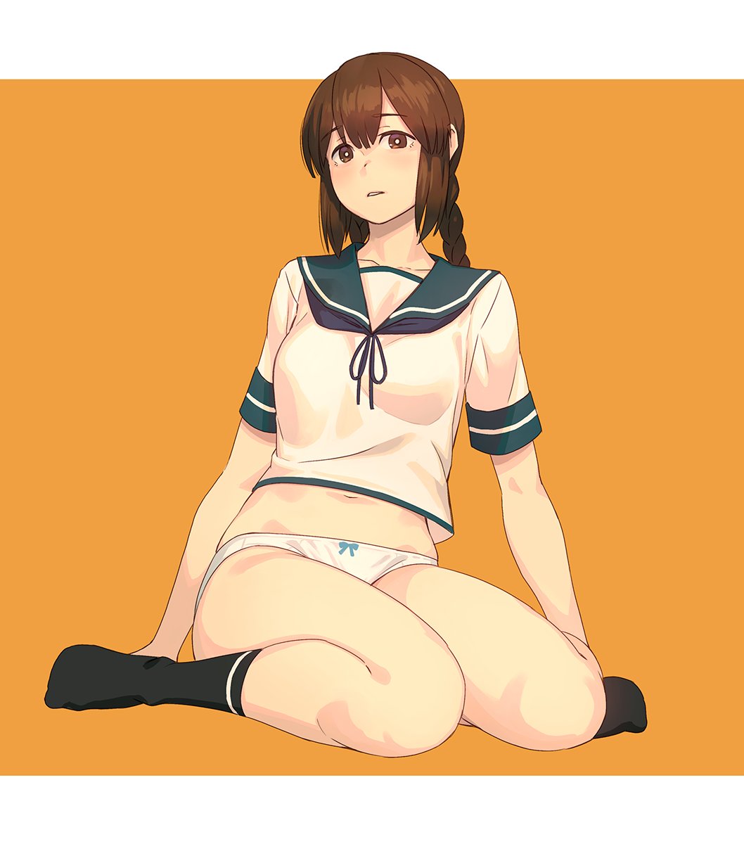 1girl bangs bare_legs black_legwear blush bow bow_panties braid breasts brown_eyes brown_hair commentary_request eyebrows_visible_through_hair hair_between_eyes highres isonami_(kantai_collection) kantai_collection kneehighs long_hair looking_at_viewer medium_breasts navel no_pants panties parted_lips school_uniform serafuku short_sleeves sidelocks simple_background sitting skindentation solo underwear wariza white_panties yuuji_(and)