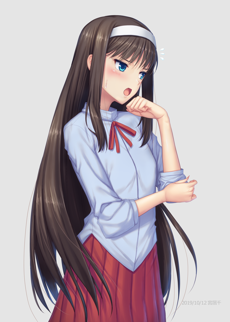 1girl blush brown_hair commentary_request copyright_request dated eyebrows_visible_through_hair grey_background hairband long_hair long_sleeves miyai_sen open_mouth pleated_skirt red_ribbon red_skirt ribbon shirt simple_background skirt solo white_hairband