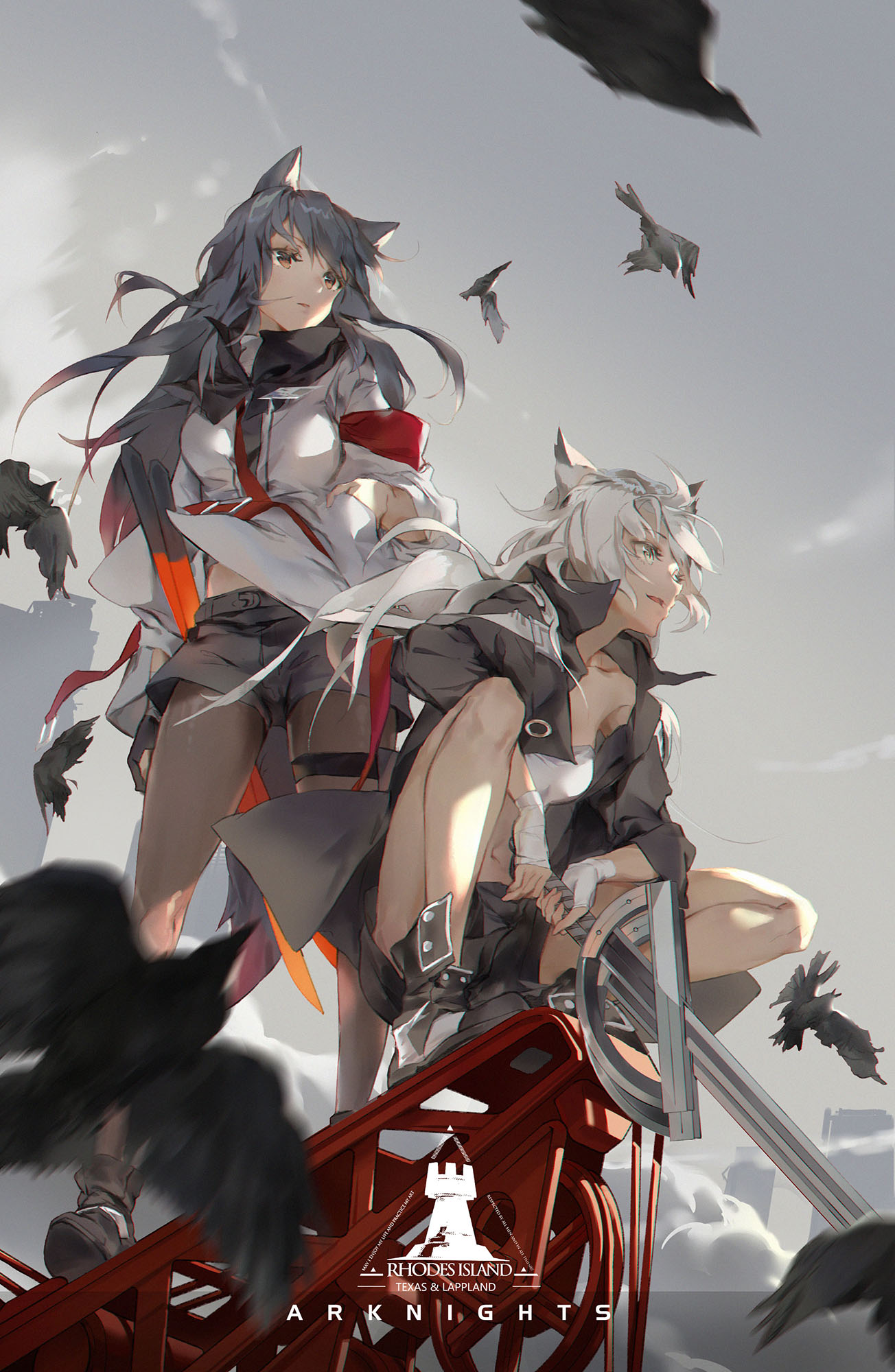 2girls :d animal_ears arknights bandeau bangs bare_legs black_footwear black_hair black_jacket boots breasts brown_eyes character_name commentary_request copyright_name grey_eyes grey_shorts highres jacket lappland_(arknights) long_hair long_sleeves medium_breasts multiple_girls navel open_clothes open_jacket open_mouth outdoors short_shorts shorts silver_hair smile squatting standing strapless texas_(arknights) thigh_strap thighs tubetop white_jacket wolf_ears xiye