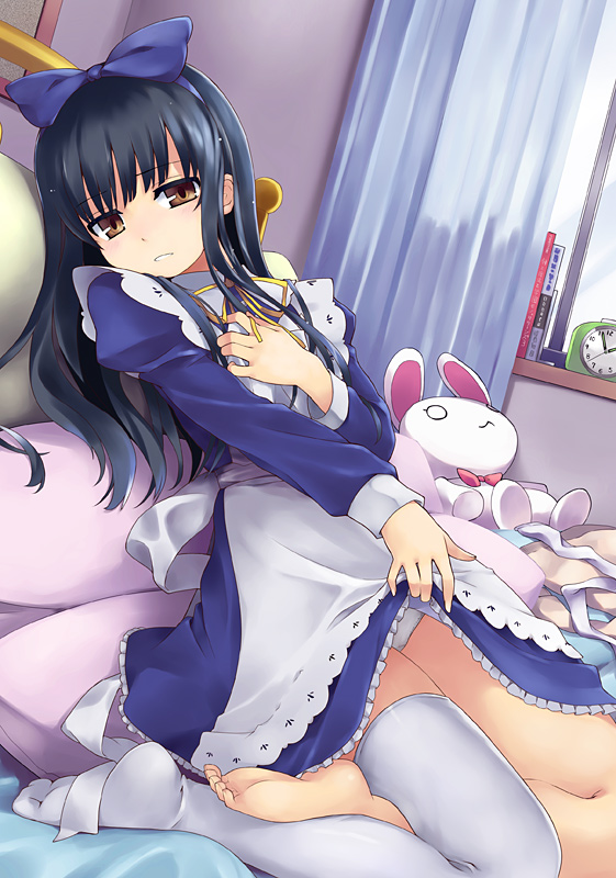 alarm_clock bangs black_hair blue_bow book bow brown_eyes character_request clock curtains dress dress_lift hair_bow hand_up hourou_musuko indoors long_hair long_sleeves on_bed panties pillow single_thighhigh solo stuffed_animal stuffed_bunny stuffed_toy thigh-highs underwear white_legwear white_panties window yamai