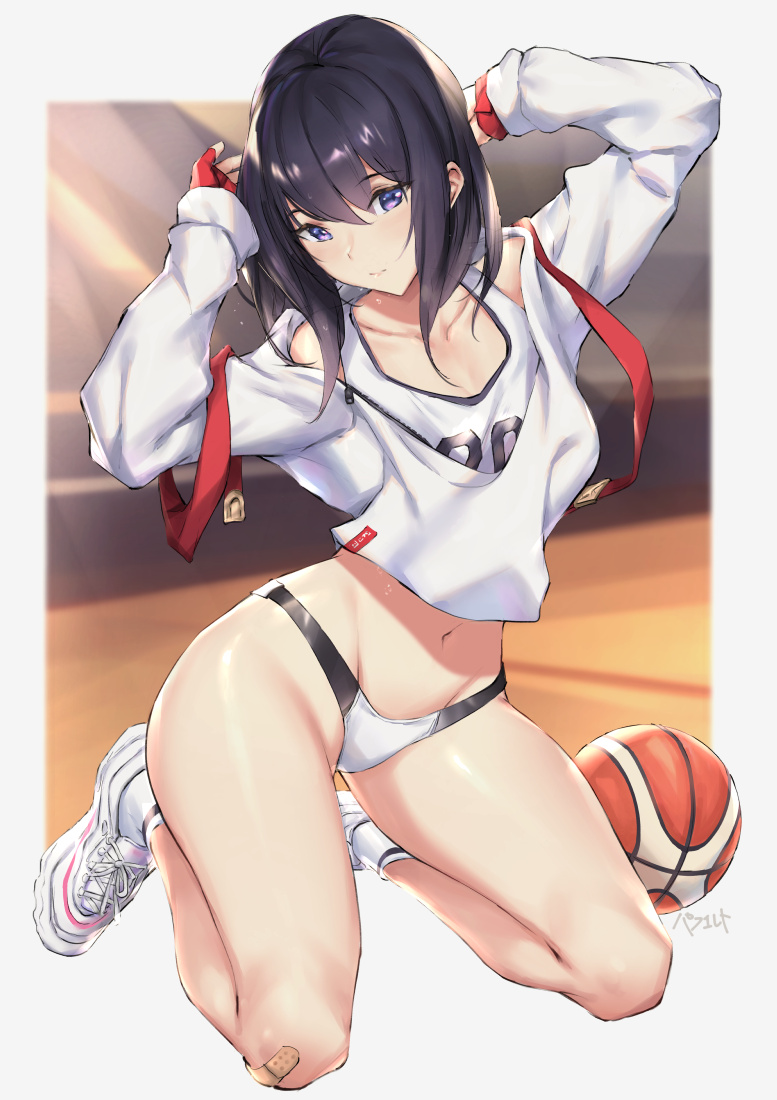 1girl alternate_costume ball bangs basketball black_hair blue_eyes blurry collarbone depth_of_field fingerless_gloves full_body gloves kneeling long_hair looking_at_viewer midriff navel parfaitlate red_gloves shoes sneakers solo sports_bikini ssss.gridman straight_hair sweater takarada_rikka white_footwear white_sweater