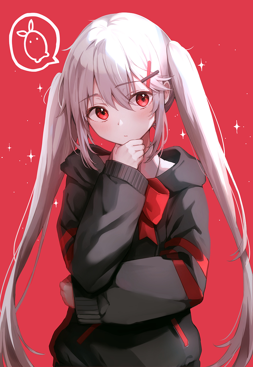 1girl albino black_jacket bow bowtie hair_between_eyes hair_ornament hand_on_own_chin highres jacket long_hair long_sleeves looking_at_viewer original ran9u red_background red_eyes silver_hair solo sparkle spoken_object twintails upper_body very_long_hair x_hair_ornament