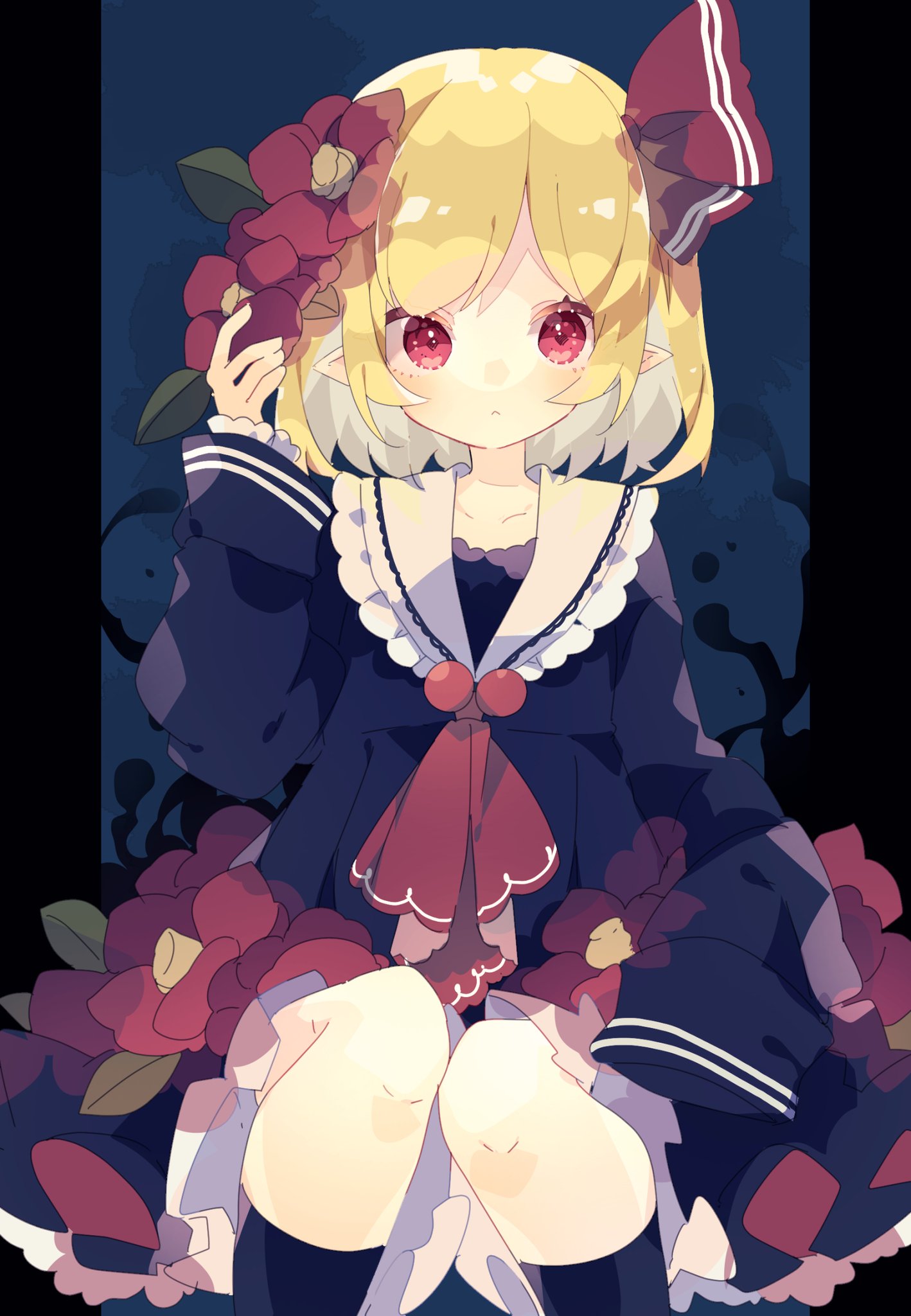 1girl black_legwear black_shirt blonde_hair blue_background feet_out_of_frame flower frills hair_flower hair_ornament hair_ribbon hand_up highres looking_at_viewer nikorashi-ka pointy_ears red_eyes red_neckwear red_ribbon ribbon rumia sailor_collar shirt short_hair sitting sleeves_past_wrists socks solo touhou