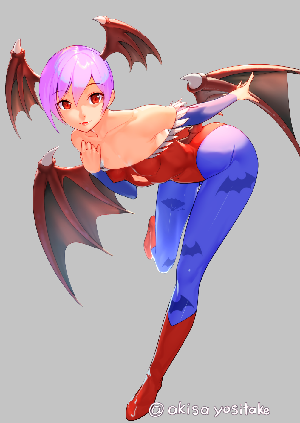 1girl akisa_(12023648) animal_print bangs bare_shoulders bat_print bent_over blue_legwear boots breasts collarbone commentary_request cover covered_navel demon_girl eyebrows_visible_through_hair fang fangs full_body grey_background hand_on_own_chest head_wings highres knee_boots leg_up leotard lilith_aensland looking_at_viewer low_wings off-shoulder_leotard pantyhose parted_lips pink_hair print_legwear red_eyes red_footwear red_leotard red_wings short_hair simple_background small_breasts smile solo spikes standing standing_on_one_leg succubus twitter_username vampire_(game) wings