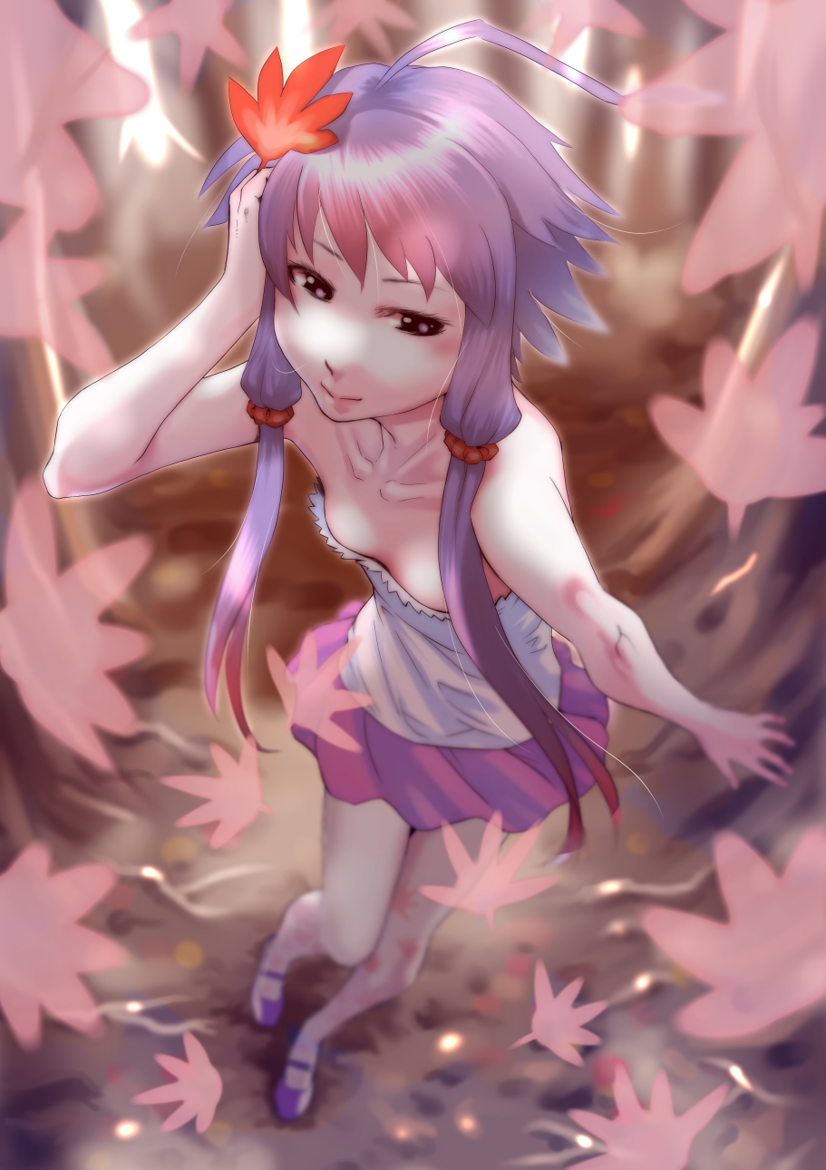 1girl blurry breasts closed_mouth commentary depth_of_field dress hair_ornament highres looking_at_viewer purple_hair short_hair_with_long_locks skirt smile solo soon violet_eyes vocaloid yuzuki_yukari