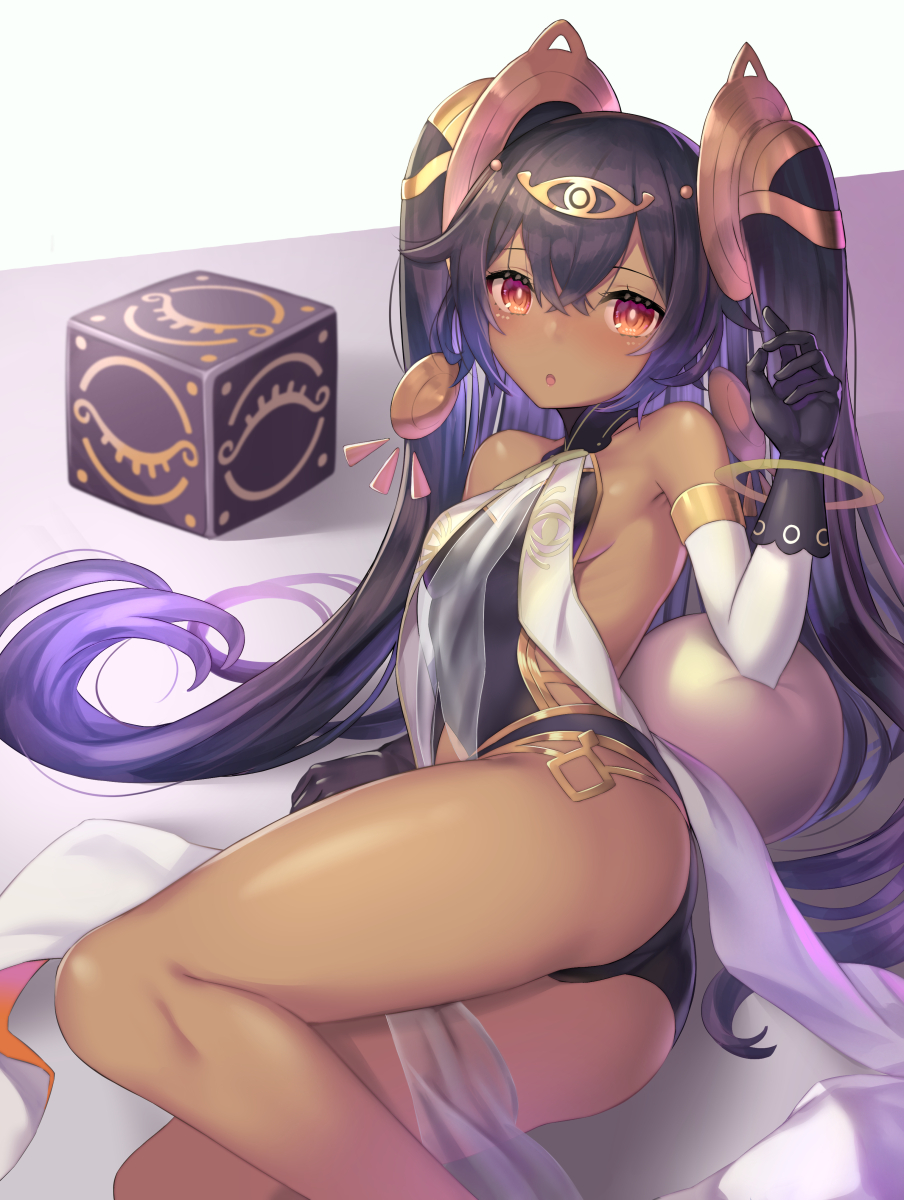 1girl ass black_gloves black_hair blush box bracelet breasts dark_skin detached_sleeves feet_out_of_frame gloves highres jewelry long_hair looking_at_viewer lying mizya neftim on_side open_mouth red_eyes ribs see-through sideboob small_breasts solo thighs twintails very_long_hair world_flipper