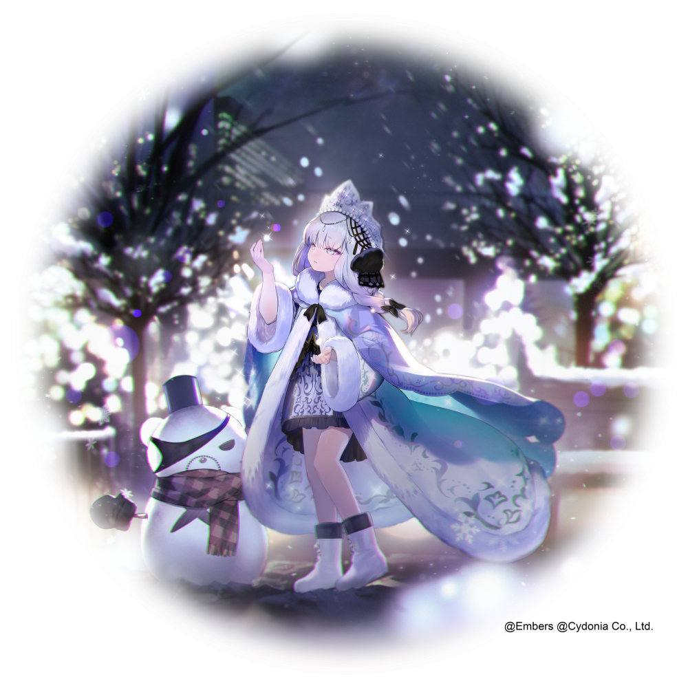 1girl asagi_yuna ash_arms bad_id bad_twitter_id bangs black_border blue_cape blue_dress blue_eyes blurry blurry_background boots border bow braid brown_eyes cape christmas_lights closed_mouth coat collar crown depth_of_field dress frilled_dress frills fur-trimmed_coat fur-trimmed_sleeves fur_trim grey_headwear hair_bow hair_ornament heterochromia kv-2_(ash_arms) light_frown long_hair long_sleeves looking_to_the_side low_twintails medium_dress night open_clothes open_coat outdoors print_dress silver_hair snowing snowman solo standing tree twin_braids twintails watermark white_collar white_footwear