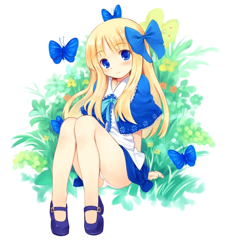 bare_legs blonde_hair blue_eyes bow butterflies butterfly capelet floral_background flower hair_bow hair_ribbon hair_ribbons kurasuke legs long_hair mary_janes no_socks original panchira_sit panties pantyshot pantyshot_sitting ribbon ribbons shoes sitting smile underwear