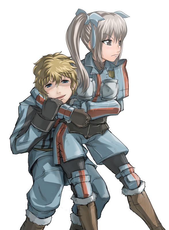 &gt;:| 1girl 4hands :d angry armor badge black_gloves blonde_hair blue_eyes boots choke_hold edy_nelson gloves grey_eyes grey_hair happy homer_peron jacket knee_pads long_hair looking_at_viewer military military_uniform open_mouth senjou_no_valkyria senjou_no_valkyria_1 short_hair simple_background smile strangling twintails uniform white_background