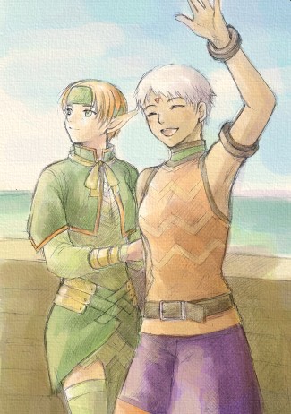 closed_eyes elf facial_mark forehead_mark gensou_suikoden gensou_suikoden_iv green_eyes headband jewel jewel_(suikoden) lowres paula_(suikoden) pointy_ears short_hair silver_hair suikoden suikoden_iv