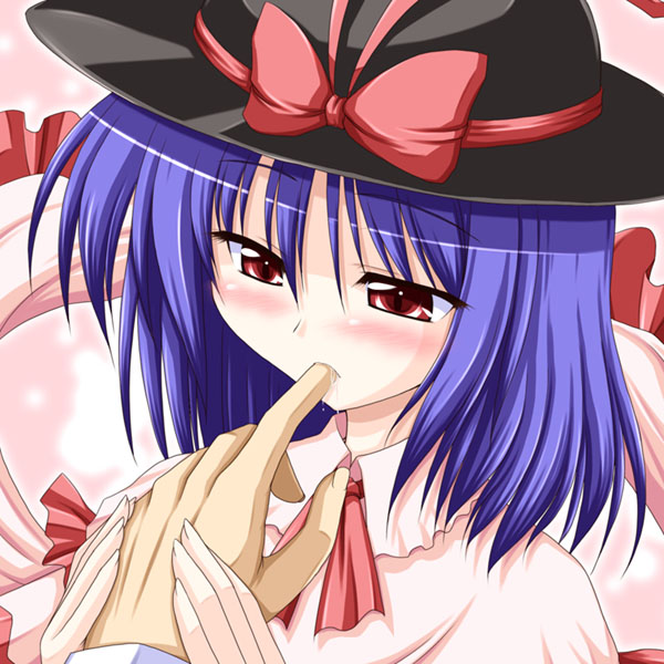 blush bococho finger finger_suck finger_sucking hat nagae_iku purple_hair red_eyes ribbon ribbons saliva short_hair touhou