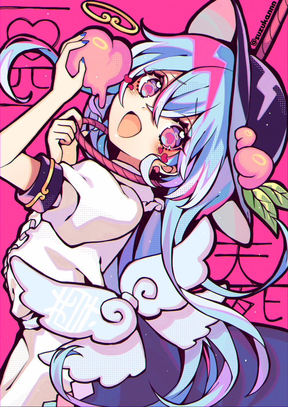 1girl arm_up bangs belt black_headwear blue_belt blue_dress blue_hair blue_nails blush dress eyebrows_visible_through_hair food fruit hair_between_eyes hands_up hat heart heart-shaped_pupils heart_in_eye highres hinanawi_tenshi kyouda_suzuka leaf long_hair looking_at_viewer open_mouth peach pink_background pink_eyes pink_heart puffy_short_sleeves puffy_sleeves shirt short_sleeves smile solo symbol-shaped_pupils symbol_in_eye touhou twitter_username violet_eyes white_shirt white_sleeves wings