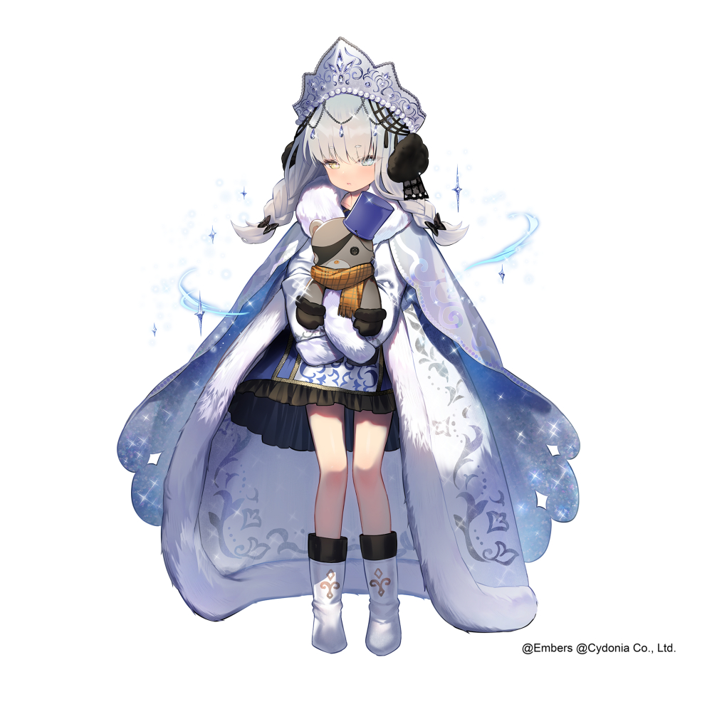 1girl asagi_yuna ash_arms bad_id bad_twitter_id bangs black_border blue_cape blue_dress blue_eyes boots border bow braid brown_eyes cape closed_mouth coat collar commentary_request crown dress frilled_dress frills full_body fur-trimmed_coat fur-trimmed_sleeves fur_trim grey_headwear hair_bow hair_ornament heterochromia kv-2_(ash_arms) light_frown long_hair long_sleeves looking_at_viewer low_twintails medium_dress open_clothes open_coat print_dress silver_hair simple_background solo standing twin_braids twintails white_background white_collar white_footwear