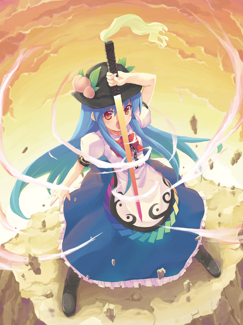 floating_object food from_above frown fruit hat hinanawi_tenshi long_hair long_skirt looking_at_viewer minamura_haruki open_mouth peach peaches red_eyes ribbon ribbons rock serious skirt sunset sword sword_of_hisou touhou weapon