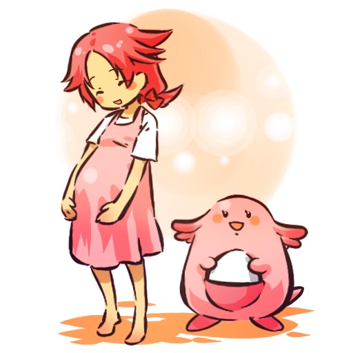 1girl barefoot blush blush_stickers bow chansey closed_eyes dress egg happy hitec lucky moemon open_mouth personification pink_hair pokemon pokemon_(creature) pokemon_(game) pokemon_rgby pregnant short_hair simple_background smile standing