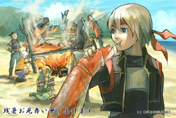 beach blonde_hair chickenbudget crab crustacean elf fire gensou_suikoden gensou_suikoden_iv giant_enemy_crab headband jewel jewel_(suikoden) keneth lazlo oversized_animal paula_(suikoden) pointy_ears short_hair silver_hair suikoden suikoden_iv tal