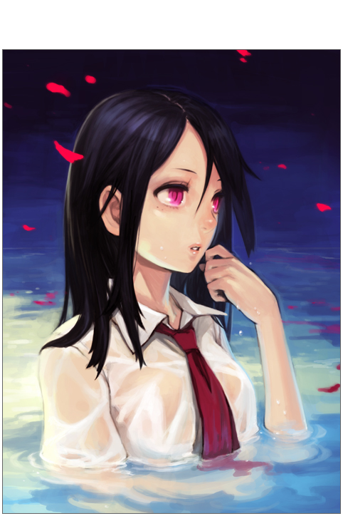 black_hair necktie petals pink_eyes shiobara_shinichi shiohara_shinichi water wet wet_clothes