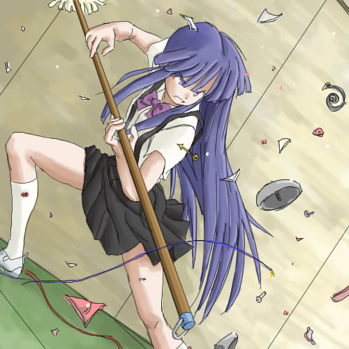 bangs blue_hair blunt_bangs bow debris dress_shirt dutch_angle ezu fighting_stance furude_rika higurashi_no_naku_koro_ni long_hair lowres mop purple_hair school_uniform serious shirt shoes short_sleeves skirt socks solo suspenders very_long_hair