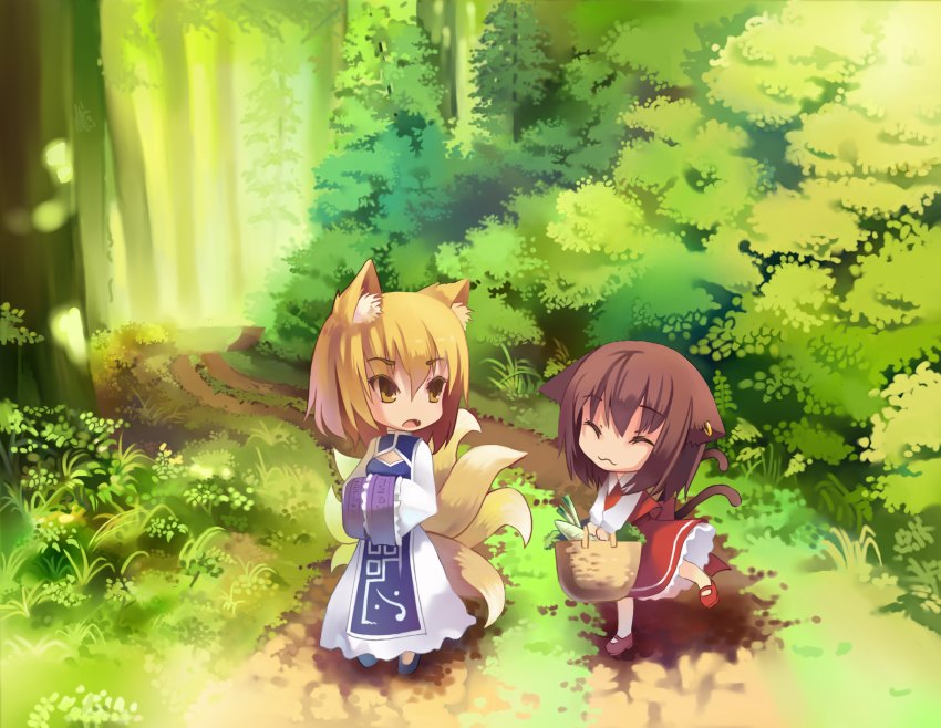 :3 animal_ears basket blonde_hair brown_hair cat_ears cat_tail chen chibi china_dress chinadress chinese_clothes closed_eyes earrings forest fox_ears fox_tail jewelry kamisakai multiple_girls multiple_tails nature tail touhou walking yakumo_ran yellow_eyes