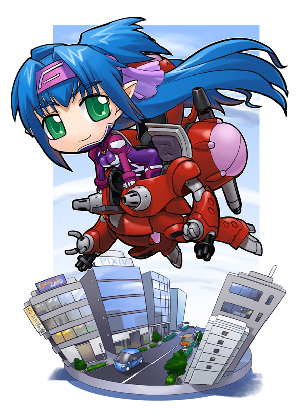 chibi flying hirai_yukio klan_klein long_hair macross macross_frontier mecha meltrandi pointy_ears power_armor power_suit queadluun-rea yukioh zentradi