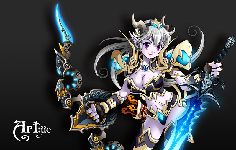 bikini_armor bow bow_(weapon) breasts cleavage draenei frostmourne gloves midriff pointy_ears purple_eyes silver_hair sword thori'dal_the_stars'_fury thori'dal_the_stars'_fury violet_eyes warcraft weapon world_of_warcraft