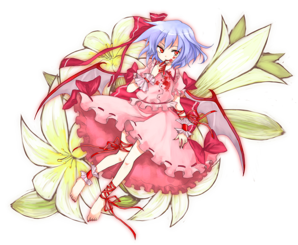 barefoot blood blue_hair flower miya_(artist) miya_(tsumazukanai) remilia_scarlet short_hair touhou wings