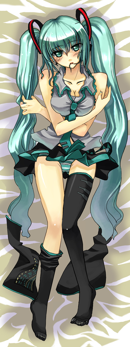 bad_id hatsune_miku highres panties pantyshot striped striped_panties thighhighs twintails underwear undressing vocaloid