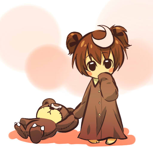 1girl barefoot blush_stickers brown_hair chibi child costume hair_ornament hand_to_mouth hitec lingerie moemon nightgown pajamas personification pokemon pokemon_(creature) pokemon_(game) pokemon_gsc short_hair short_twintails simple_background sleeves_past_wrists standing stuffed_animal stuffed_toy teddiursa teddy_bear twintails underwear