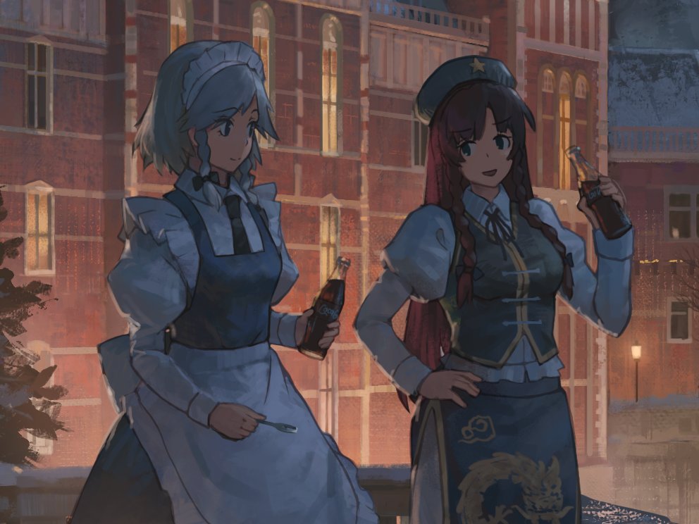 2girls apron beret blue_eyes bottle braid building chinese_clothes cola eyebrows_visible_through_hair glass_bottle green_headwear hat holding holding_bottle holding_drink holding_spoon hong_meiling izayoi_sakuya long_hair long_sleeves looking_at_another maid maid_apron maid_headdress mansion mikado_(winters) multiple_girls night outdoors puffy_sleeves redhead scarlet_devil_mansion short_hair smile soda soda_bottle soft_drink spoon touhou twin_braids white_hair