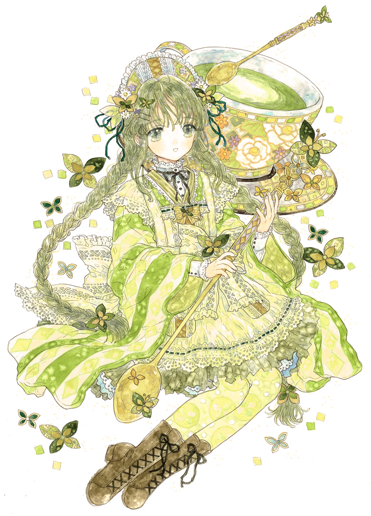 1girl black_ribbon boots bow braid brown_footwear cross-laced_footwear cup dress green_butterfly green_dress green_hair green_ribbon grey_eyes hair_ribbon invisible_chair looking_at_viewer original personification polka_dot polka_dot_legwear ribbon simple_background sitting takanashi_tsubasa tea teacup teaspoon twin_braids twintails white_background wide_sleeves yellow_bow yellow_legwear