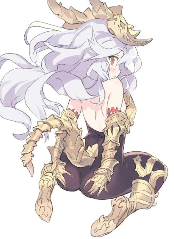 1girl armored_boots ass backless_outfit bangs black_bodysuit blade_(galaxist) blush bodysuit boots eyebrows_visible_through_hair from_behind full_body gauntlets granblue_fantasy grey_hair hair_between_eyes hands_on_own_ass knee_boots long_hair looking_at_viewer looking_back medusa_(shingeki_no_bahamut) profile red_eyes shingeki_no_bahamut shoe_soles simple_background sitting solo very_long_hair wariza white_background